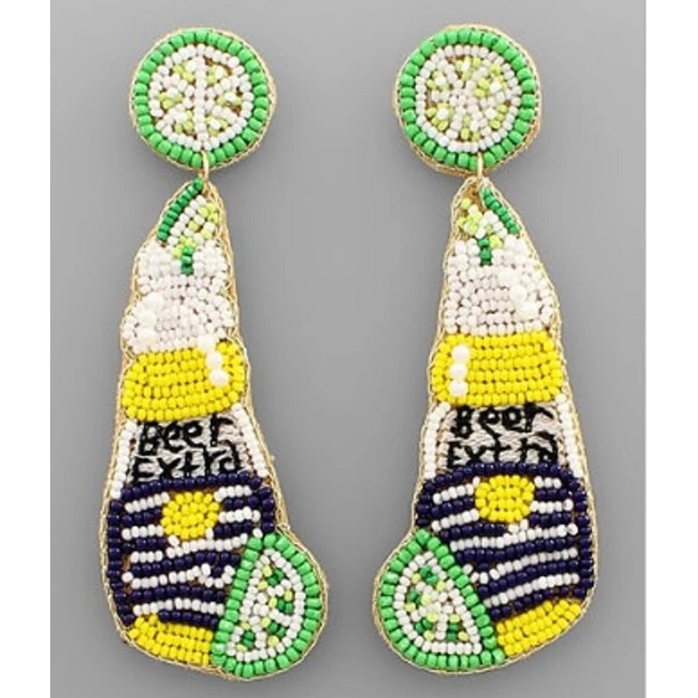 Viola Beer Bottle Beaded Earrings Womens OS Yellow Blue Lime Tropical Summer NEW